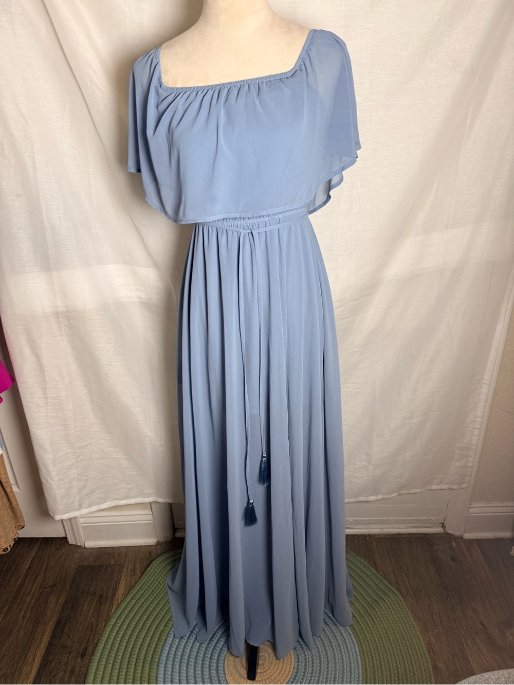 Baltic Born Victoria Off-the-Shoulder Maxi Dress with Tassel Waist, light blue